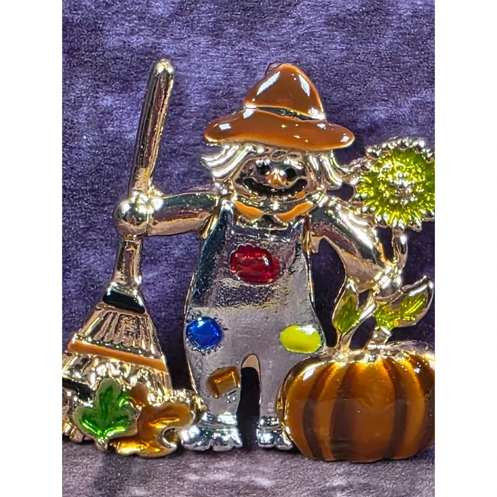 Fall Scarecrow Pin with Broom Pumpkin Sunflower Halloween Harvest Brooch